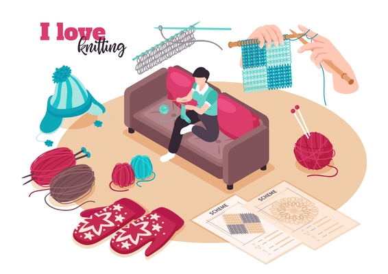 Isometric love knitting composition with ornate text and female character surrounded by needlework icons and schemes vector illustration