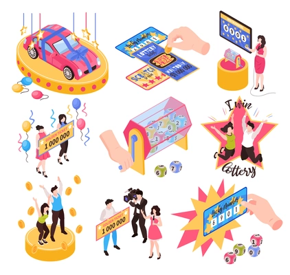 Isometric fortune lottery win set with isolated icons of prize tickets lucky dip and winner characters vector illustration