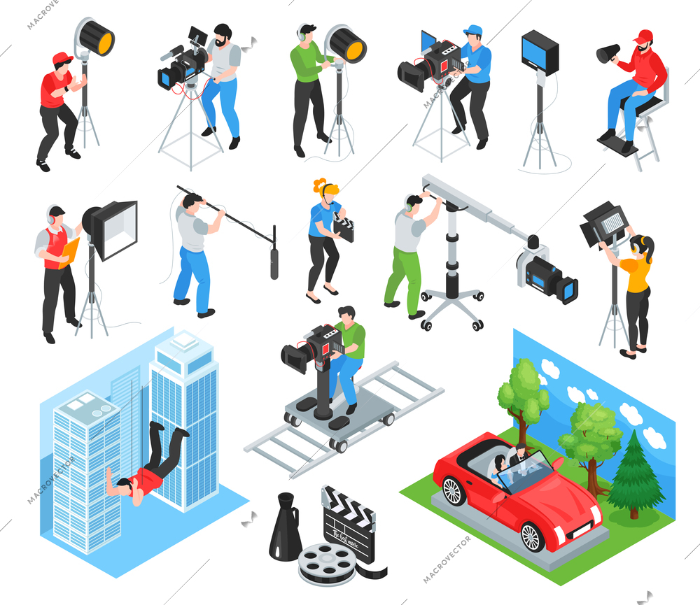 Isometric cinematography set of isolated icons and characters of shooting crew members working with professional equipment vector illustration