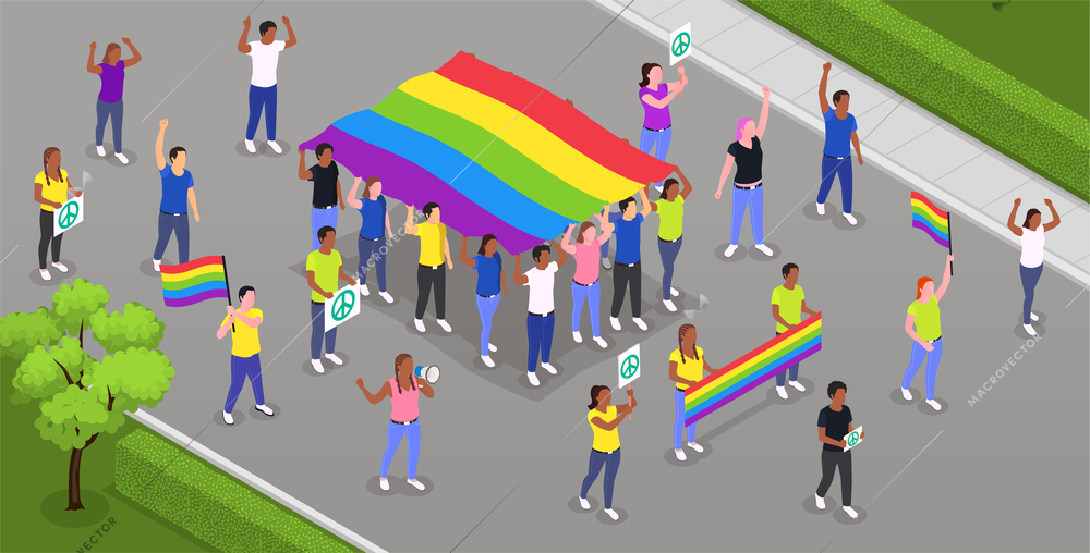 Public protest demonstration isometric composition with view of street ang group of protesters at pride parade vector illustration