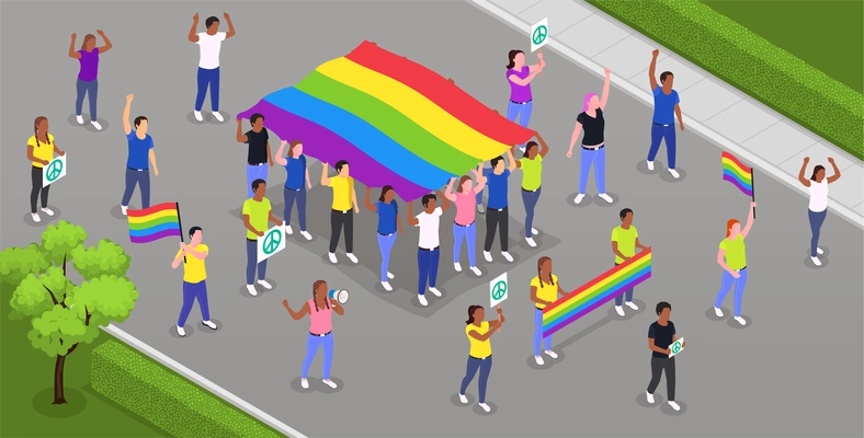 Public protest demonstration isometric composition with view of street ang group of protesters at pride parade vector illustration