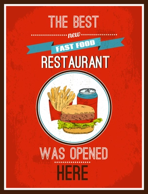 Newly opened fast food restaurant hot dog vintage advertisement poster with french fries chips burger vector illustration