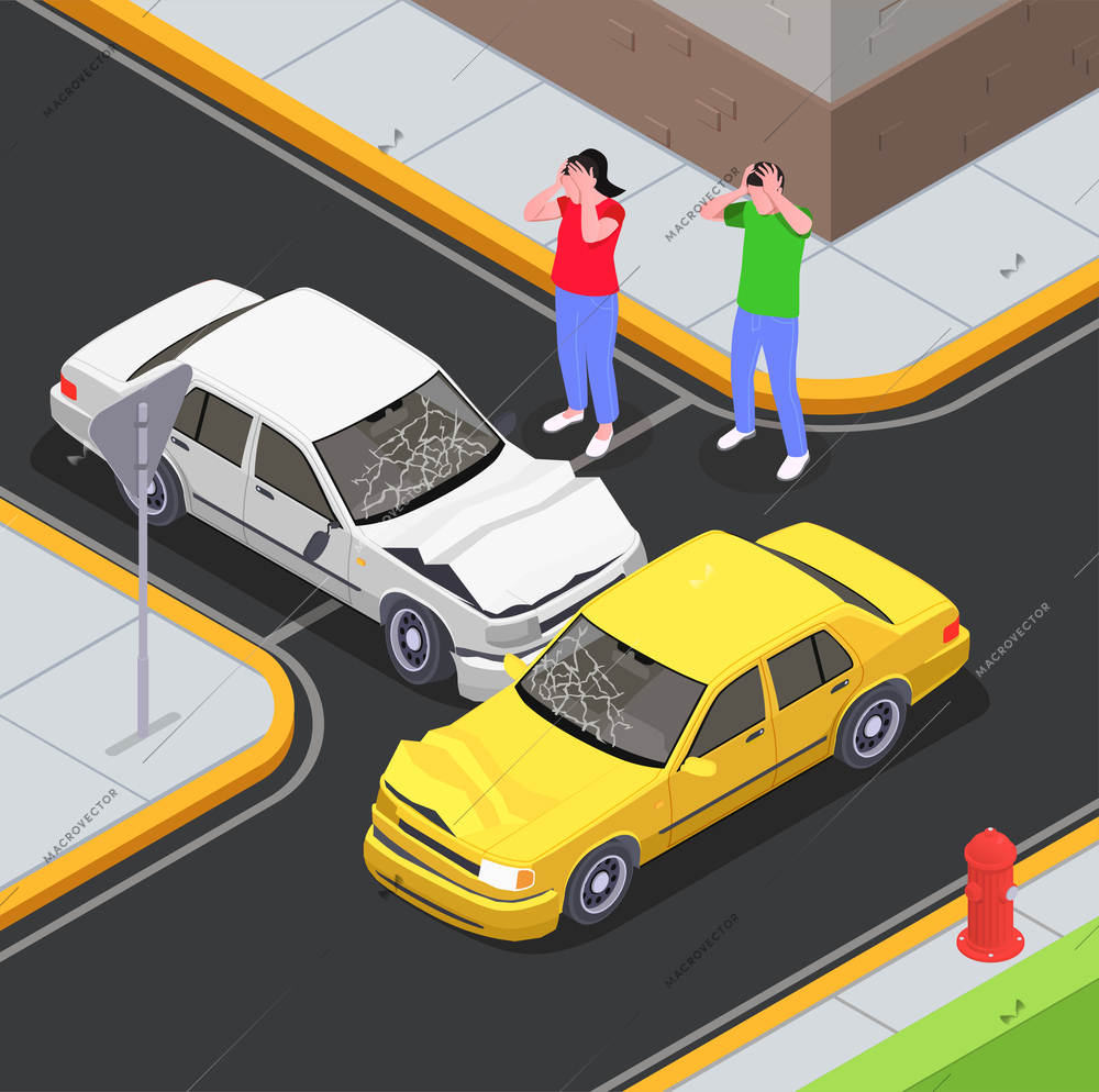 Insurance isometric composition with road intersection outdoor scenery and collision of cars with shocked driver characters vector illustration