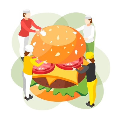 Burger house isometric composition with group of small human characters holding ingredients of fast food burger vector illustration