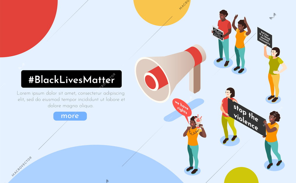 Black lives matter movement website isometric composition with protesters holding banner shouting slogans over loudspeaker vector illustration