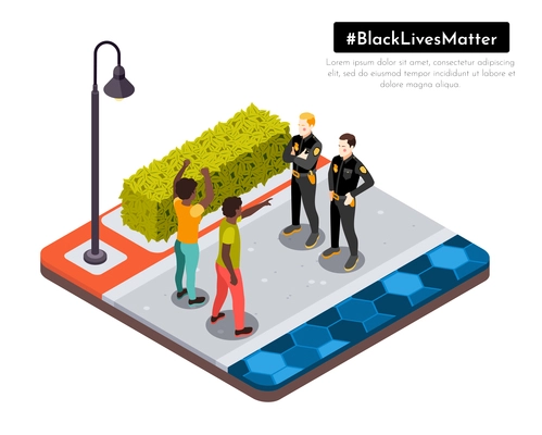 Black lives matter movement racial injustice street protesters confront police isometric background composition vector illustration