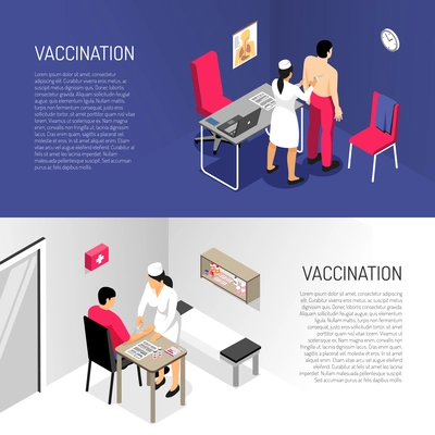 Isometric vaccination banners with nurse making an injection to adult man vector illustration