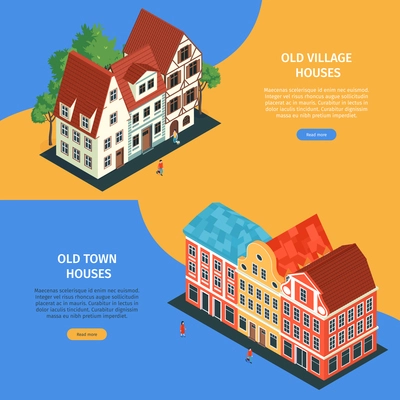 Two horizontal isometric old town banner set old house village and old town houses headlines vector illustration