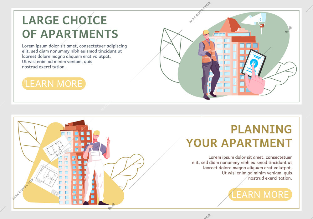 Horizontal new buildings banner set with large choice of apartments and planning your apartment headlines vector illustration