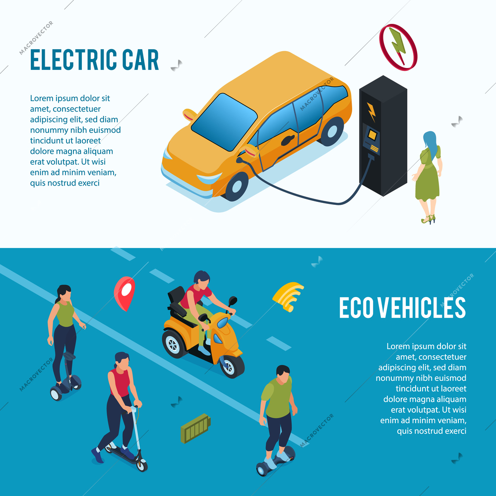 Environmentally friendly green energy transport 2 isometric web banners with electric car and eco vehicles vector illustration