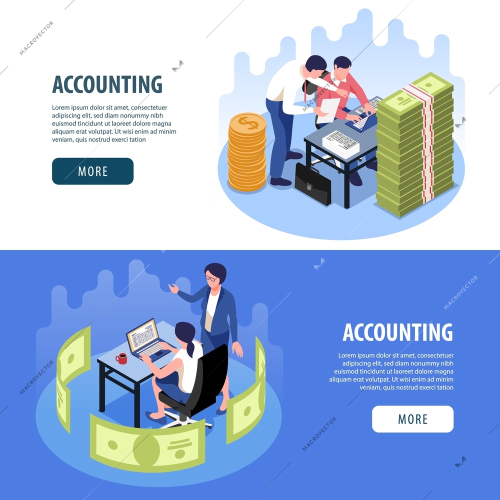 Accounting 2 horizontal isometric web page banners  with financial planing audit tax collection banknotes pile vector illustration