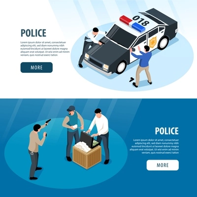 Isometric police horizontal banners set with custody scene images human characters and text with more button vector illustration