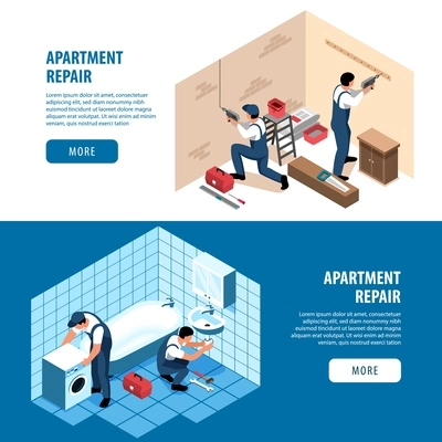 Isometric apartment repair horizontal banners set with living room and bathroom finishing images text and buttons vector illustration