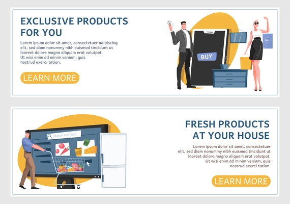 Online shop banner flat horizontal  banner set with exclusive products for you and fresh products at your home headlines vector illustration