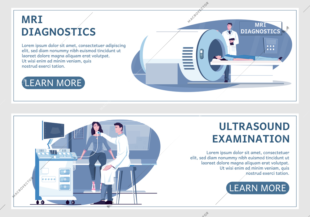 Medical examination set of two horizontal banners with learn more buttons editable text and flat images vector illustration