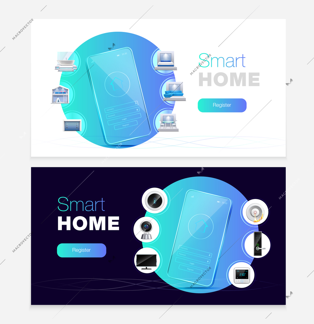 Smart home automation touchscreen smartphone apps control 2 realistic horizontal white black background web banners vector illustration