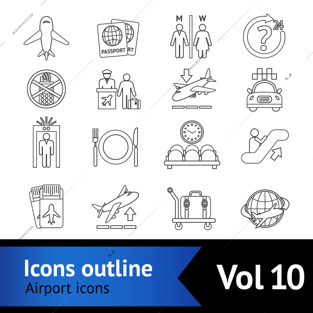 Airport travel outline icons set with airplane security control waiting lounge isolated vector illustration