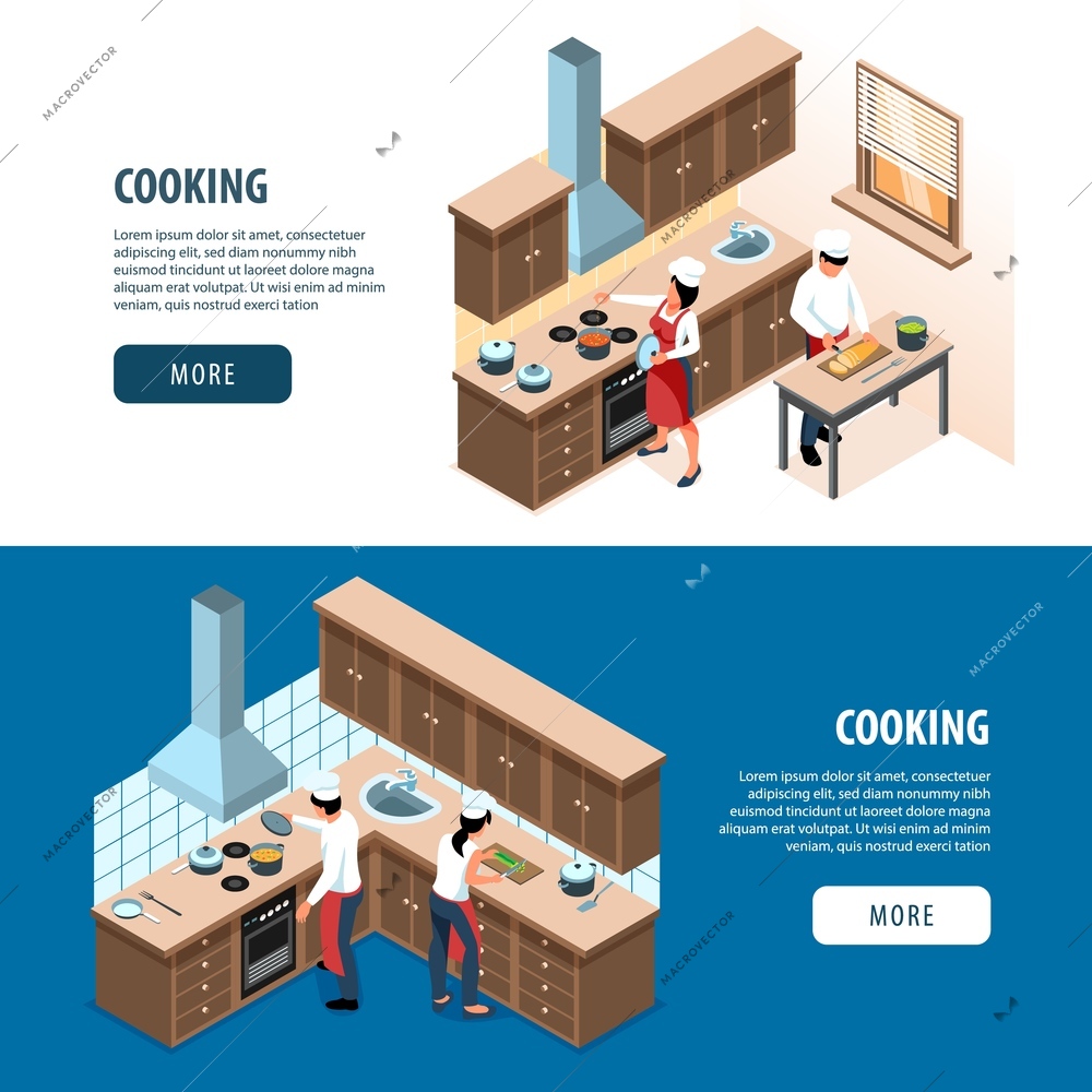 Isometric people cooking set of two horizontal banners with home kitchen cabinetry with cooks and text vector illustration