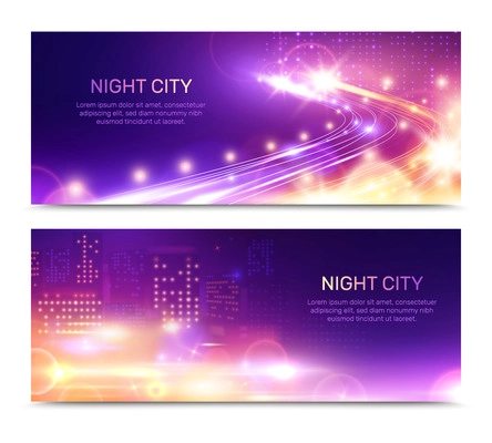 Night city lights horizontal banners set with editable text and glowing building windows with speed motorway vector illustration