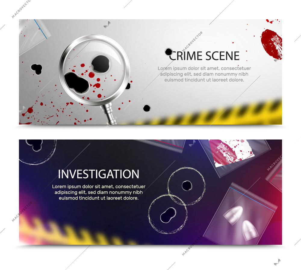 Criminalistic detective horizontal banners set with realistic closeup blood spots and bullet holes and editable text vector illustration