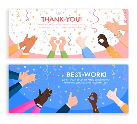 Clapping ok heart hands applause set of horizontal banners with editable text and flat holiday images vector illustration