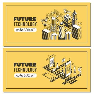 Set of two future technology horizontal banners with editable text and images of smartphones and barcodes vector illustration