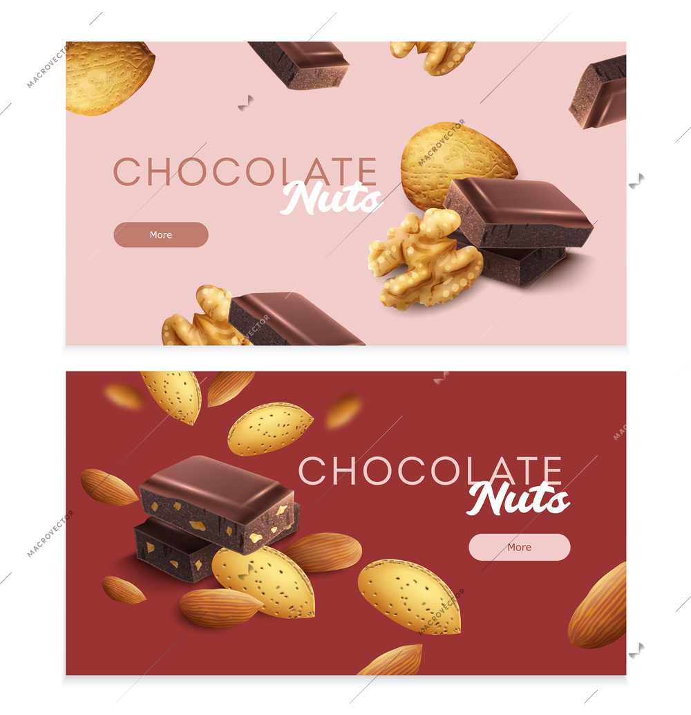 Horizontal banners set with pieces of nuts chocolate bar realistic isolated vector illustration