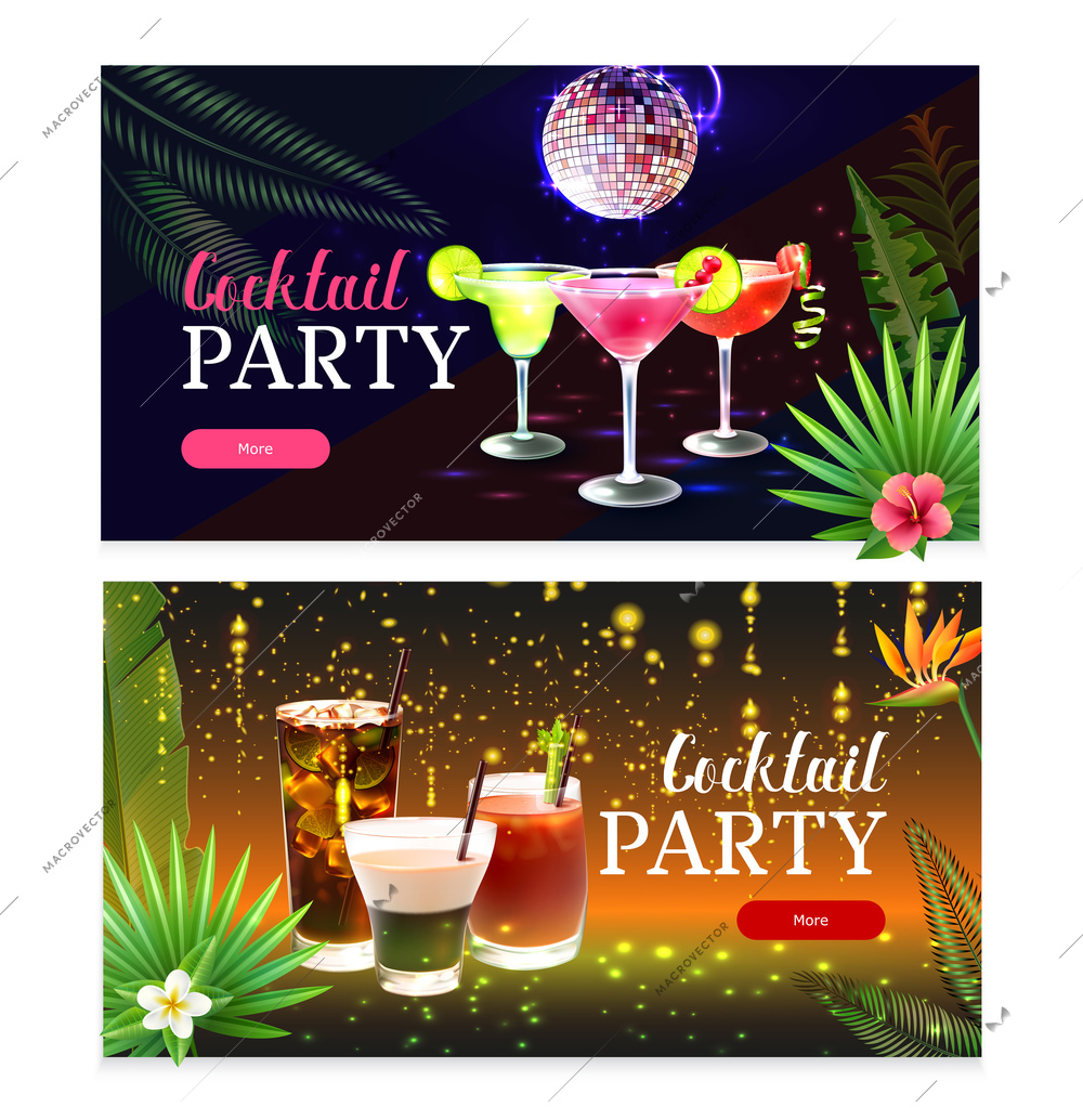 Set of two horizontal party cocktail banners with glasses of drinks and fireworks realistic isolated vector illustration