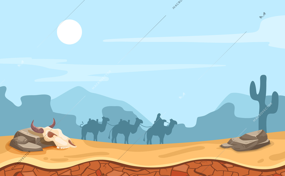 Desert game landscape background with camels and sand flat vector illustration