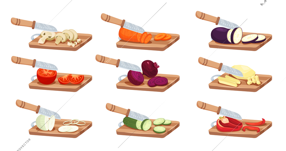 Sliced vegetables and knife set with tomato pepper and onion flat isolated vector illustration