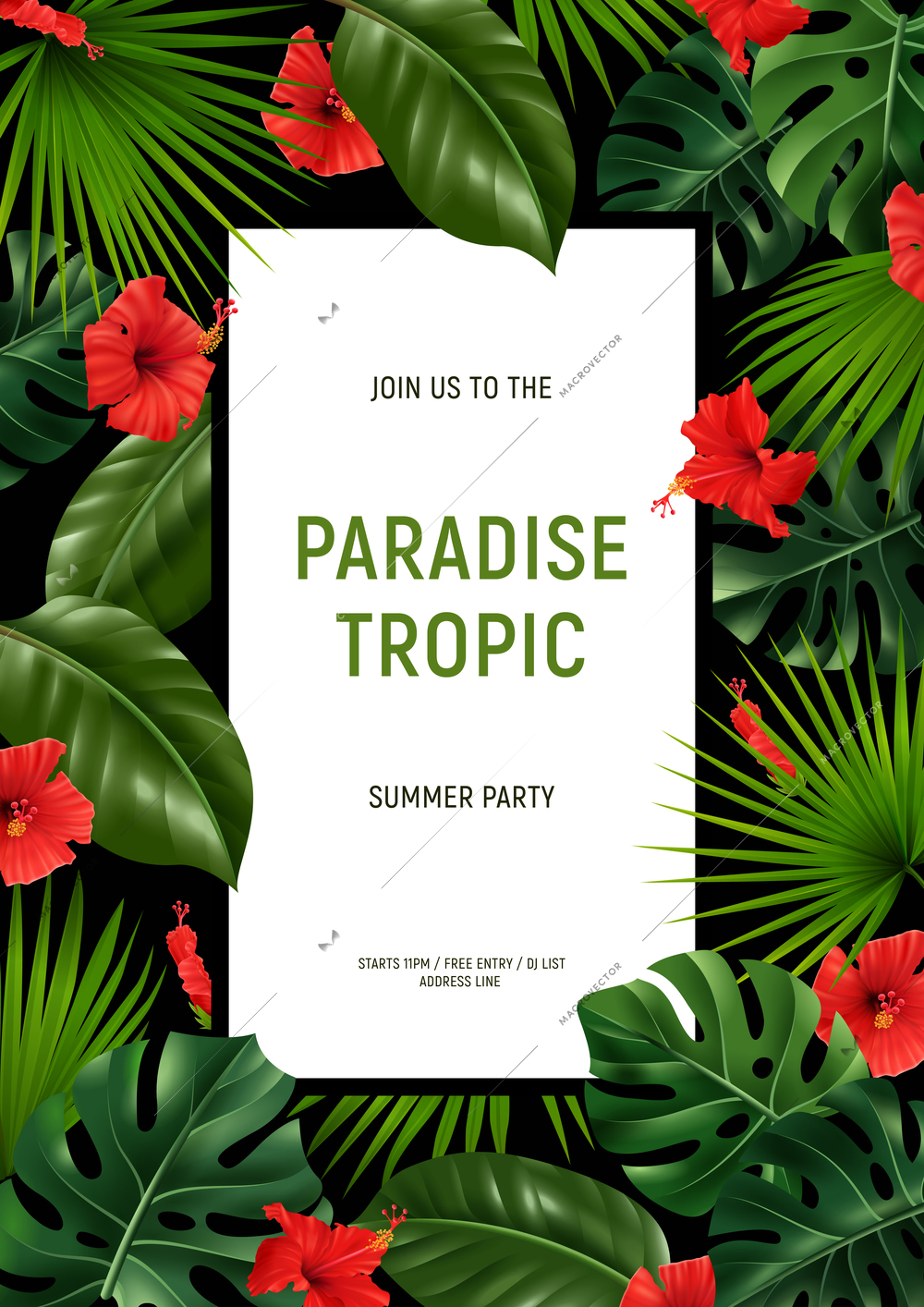 Realistic hibiscus vertical poster with rectangular frame editable text surrounded by tropical herbs with red flowers vector illustration