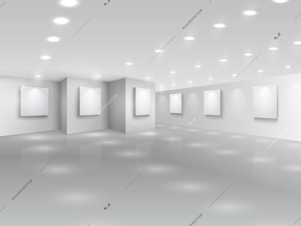 Realistic gallery hall with blank white canvases vector illustration