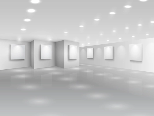 Realistic gallery hall with blank white canvases vector illustration