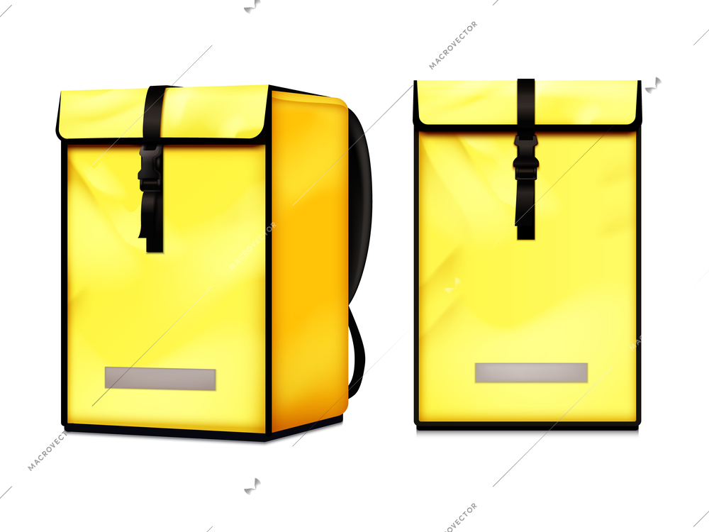 Hot food delivery courier insulated backpack bag front side view realistic set bright yellow vector illustration