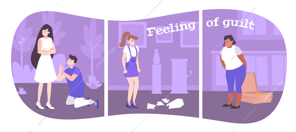 Feeling of guilt flat compositions showing emotions of people in different situations vector illustration