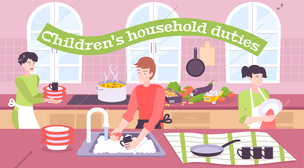 Children household duties flat composition with girl helping her parents to wash dishes in kitchen vector illustration