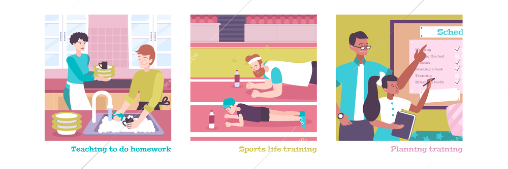 Parenting flat illustrations set of day planning teaching to do homework sports training vector illustration