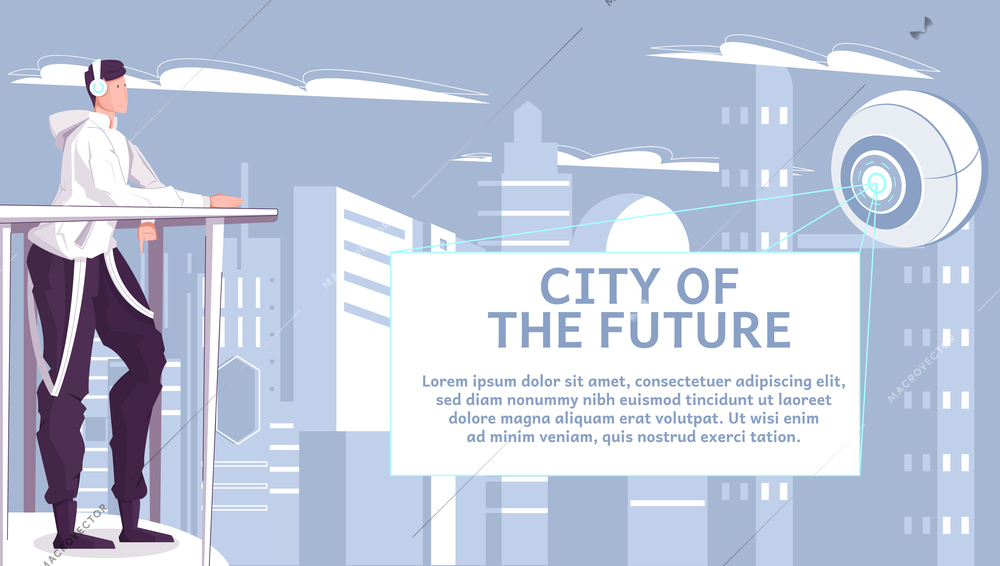 City of future flat background with teen looking at abstract futuristic object radiating light rays and flying over skyscrapers vector illustration