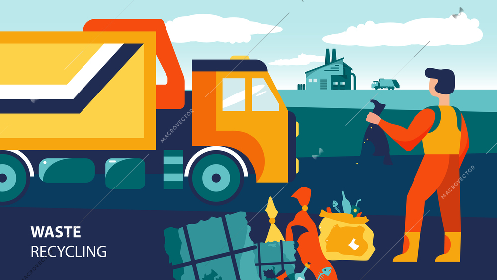 Waste recycling composition with text and doodle character of garbage collector with truck and rubbish bags vector illustration