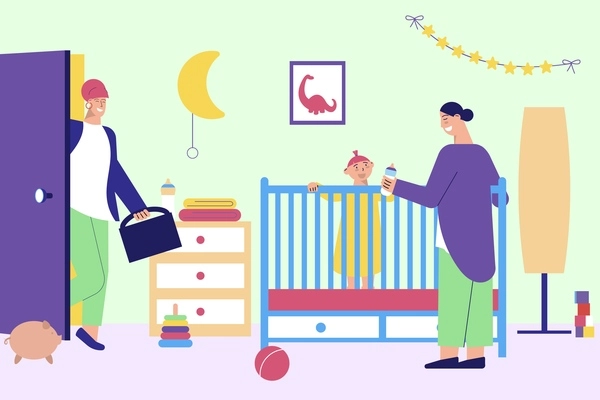 Babysitter for working parents flat composition with nanny baby in cot mother leaving for work vector illustration