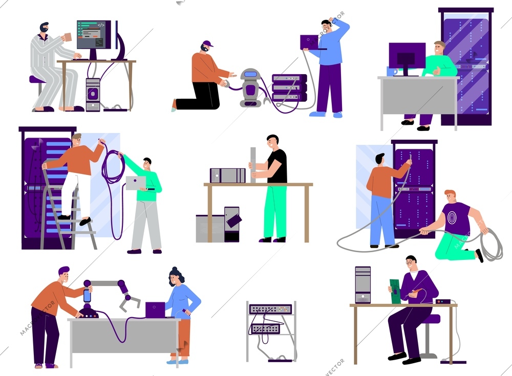 It specialist set of flat isolated icons characters of programmers technicians and servers with personal computers vector illustration