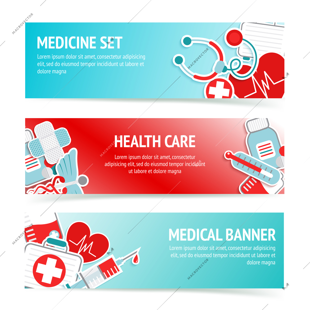 Three horizontal health care banners with medical emblems and emergency first aid kit symbols abstract vector illustration