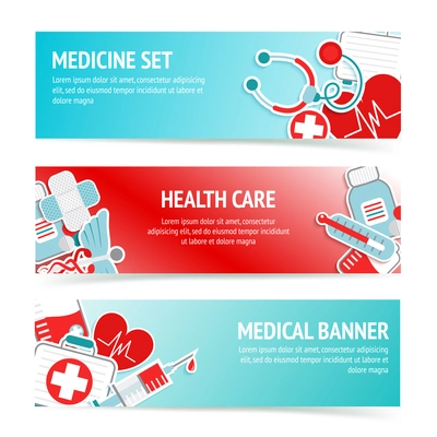 Three horizontal health care banners with medical emblems and emergency first aid kit symbols abstract vector illustration