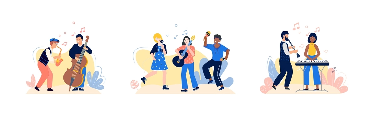 Music people compositions set with flat human characters of musicians playing musical instruments on blank background vector illustration