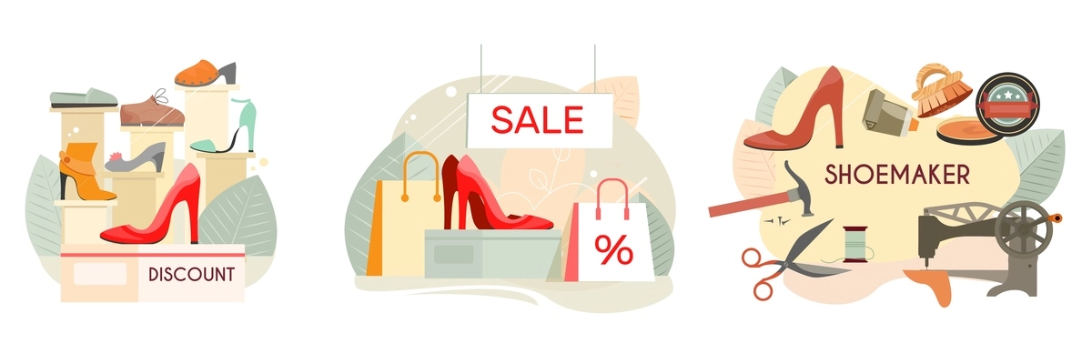 Custom made shoes shoemaker discount footwear shop high heels women pumps sale 3 flat compositions vector illustration
