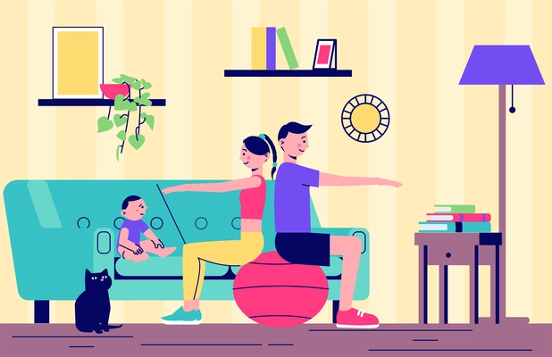 Family fitness home workout flat composition parents sitting on balance ball baby and cat watching vector illustration