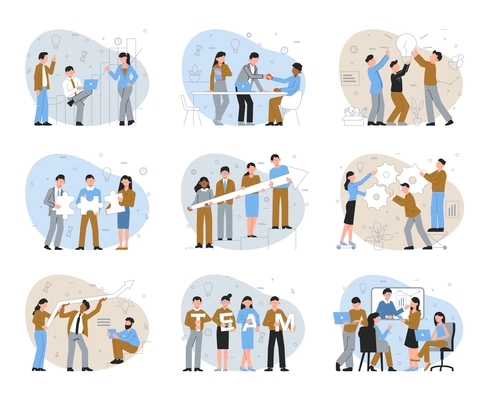 Teamwork color set of isolated compositions with coworkers with silhouette icons of ideas gear and charts vector illustration