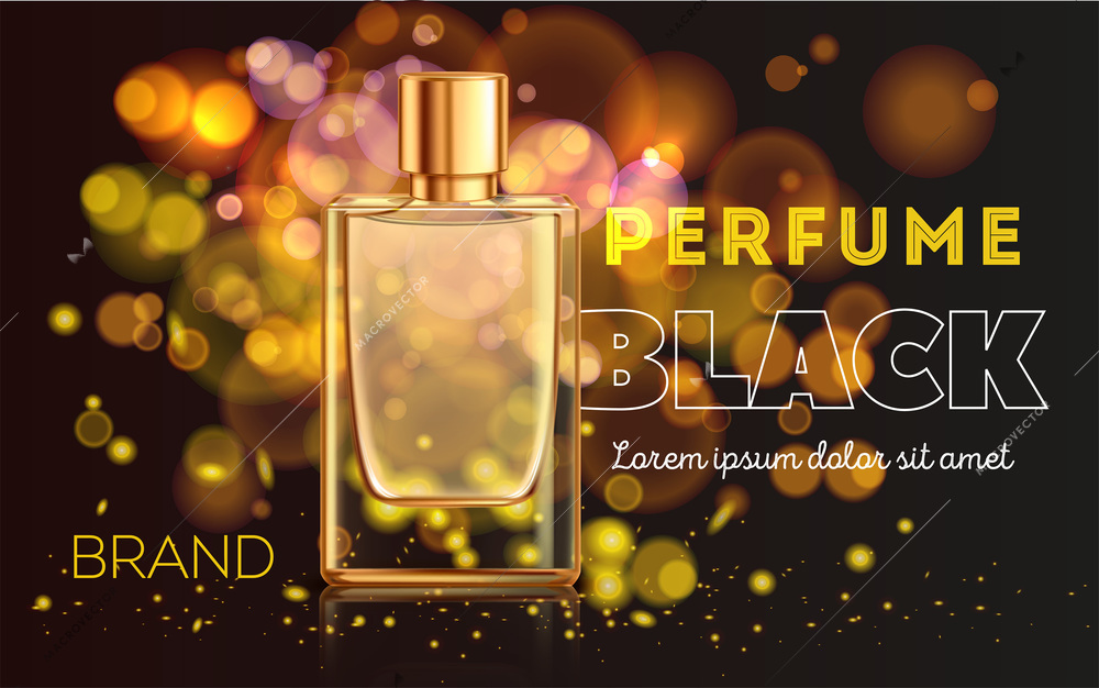 Golden bottle of perfume on dark sparkling background realistic advertisement vector illustration