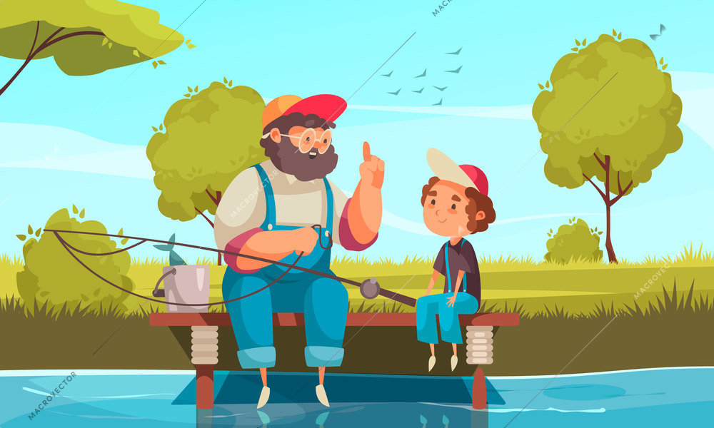 Grandpa and grandson fishing background with pastime symbols flat vector illustration