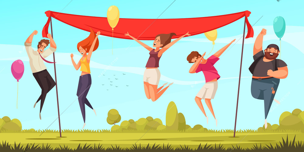 Joyful jumping people background with celebration symbols flat vector illustration